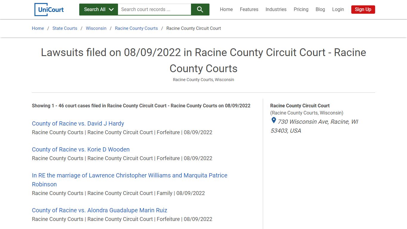 Lawsuits filed on 08/09/2022 in Racine County Circuit Court - Racine ...